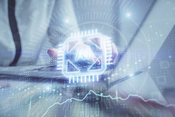 Multi exposure of woman hands working on computer and data theme hologram drawing. Tech concept.