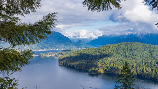 mountains and ocean inlet make for stunning vista from Burnaby Mountain Park © Andrew