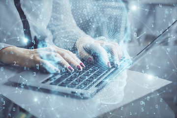 Multi exposure of woman hands working on computer and human brain hologram drawing. Ai tech concept.