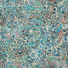 Seamless mixed media collage design in old aged worn look. Intricate design overlaid, mottled, and distressed on grungy texture. Seamless repeat raster jpg pattern swatch.