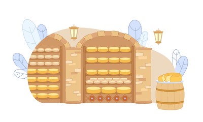 Cellar Room with Cheese Yellow Wheel Row on Shelf