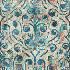 Seamless mixed media collage design in old aged worn look. Intricate design overlaid, mottled, and distressed on grungy texture. Seamless repeat raster jpg pattern swatch.