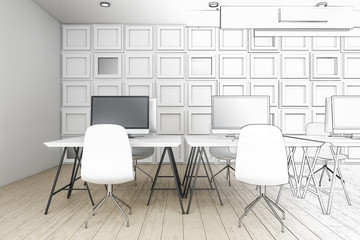 Drawing pacious office interior with copy space on wall
