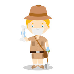 Cute cartoon vector illustration of an archaeologist with surgical mask and latex gloves as protection against a health emergency