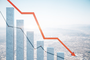 Stock crash recession chart with red arrow on city background.