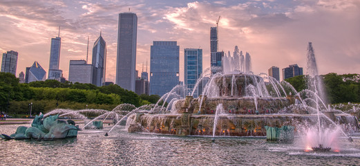 Downtown Chicago Skyline at Sunset in early Summer