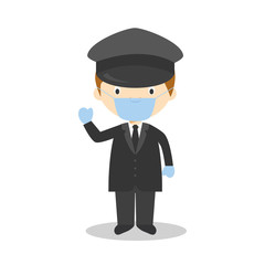 Cute cartoon vector illustration of a chauffeur with surgical mask and latex gloves as protection against a health emergency