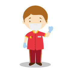 Cute cartoon vector illustration of a clerk or cashier with surgical mask and latex gloves as protection against a health emergency