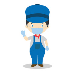 Cute cartoon vector illustration of an engine with surgical mask and latex gloves as protection against a health emergency