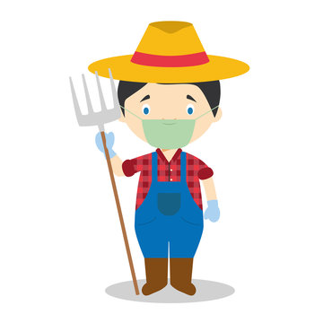 Cute cartoon vector illustration of a farmer with surgical mask and latex gloves as protection against a health emergency