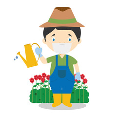 Cute cartoon vector illustration of a gardener with surgical mask and latex gloves as protection against a health emergency