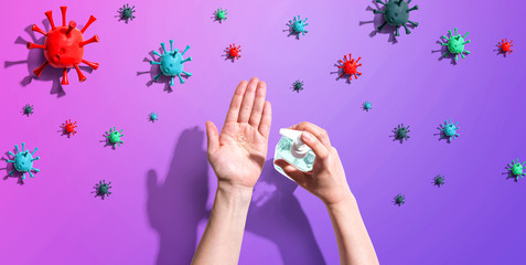 Applying sanitizer gel with viral epidemic influenza concept