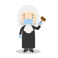 Cute cartoon vector illustration of a judge with surgical mask and latex gloves as protection against a health emergency