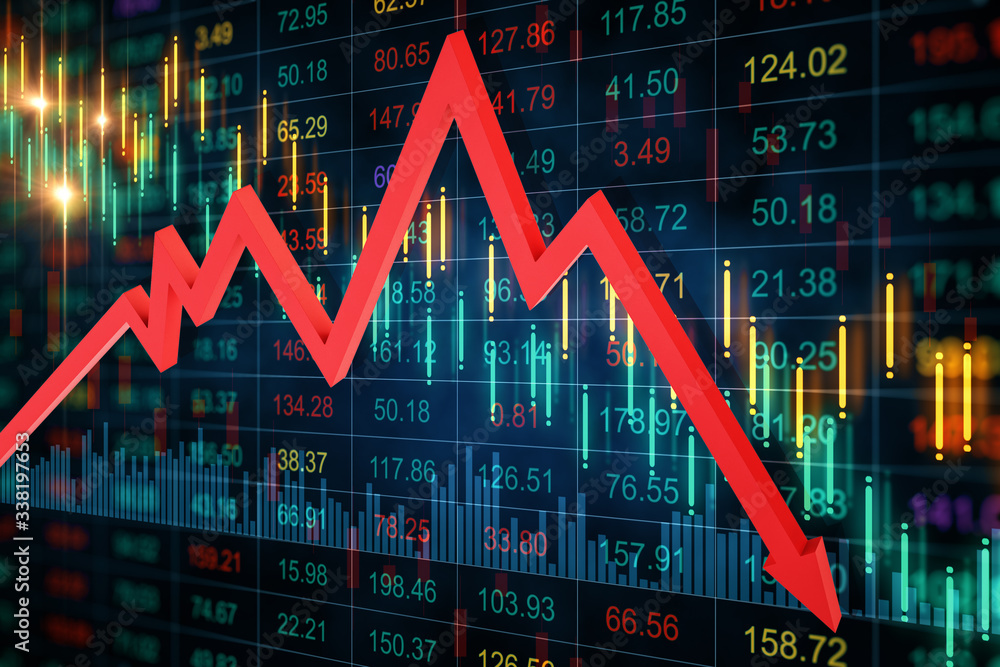 Poster creative crash recession chart with falling red arrow.
