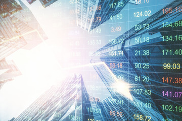 Stock statistics hologram on modern skyscraper background.