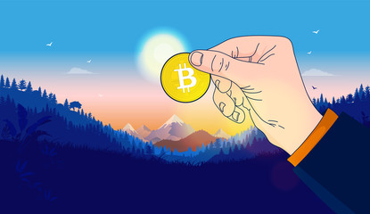 Bitcoin success in sunrise. Hand holding one bitcoin in front of sun in beautiful landscape. New economy, fresh start and positive outlook for crypto currency concept. Vector illustration.