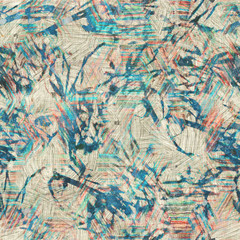 Seamless mixed media collage design in old aged worn look. Intricate design overlaid, mottled, and distressed on grungy texture. Seamless repeat raster jpg pattern swatch.