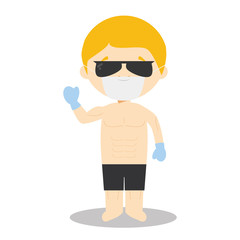 Cute cartoon vector illustration of a model with surgical mask and latex gloves as protection against a health emergency