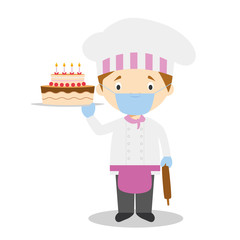 Cute cartoon vector illustration of a pastry chef with surgical mask and latex gloves as protection against a health emergency