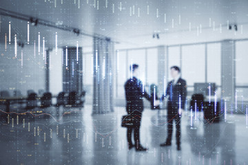 Businesspeople handshake with glowing falling forex chart.