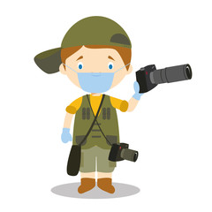 Cute cartoon vector illustration of a photographer with surgical mask and latex gloves as protection against a health emergency