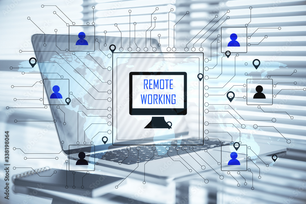 Aufkleber Laptop on workplace table with remote work interface.