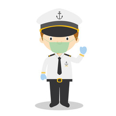 Cute cartoon vector illustration of a sailor with surgical mask and latex gloves as protection against a health emergency