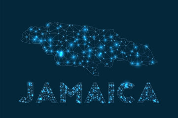 Jamaica network map. Abstract geometric map of the country. Internet connections and telecommunication design. Superb vector illustration.