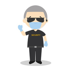 Cute cartoon vector illustration of a security guard with surgical mask and latex gloves as protection against a health emergency