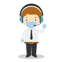 Cute cartoon vector illustration of a telemarketing phone operator with surgical mask and latex gloves as protection against a health emergency