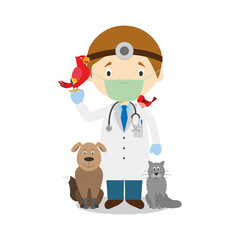 Cute cartoon vector illustration of a veterinarian with surgical mask and latex gloves as protection against a health emergency