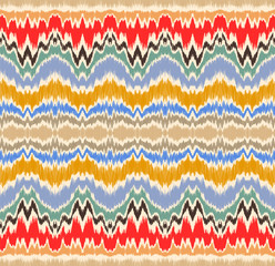 Ikat border. Geometric folk ornament. Ink on clothes. Tribal vector texture. Seamless striped pattern in Aztec style. Ethnic embroidery. Indian, Scandinavian, Gypsy, Mexican, African rug.