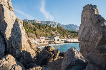 Fototapeta na wymiar The rock in Crimea. The place on Black sea.