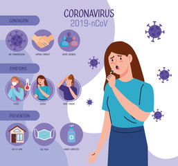 woman with cough and infographic of coronavirus 2019 ncov and icons vector illustration design