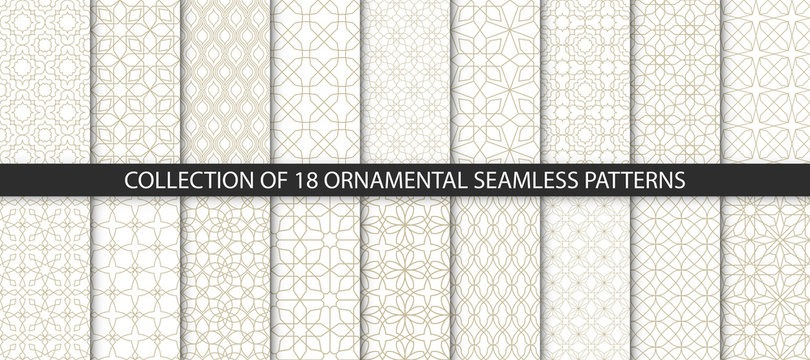 Big set of vector ornamental seamless patterns. Collection of geometric patterns in the oriental style. Patterns added to the swatch panel.
