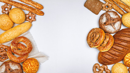 Fresh bakery products and ingredients for his cooking, banner with space for text, top view