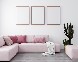 Stylish interior of bright living room with pink sofa and cactus. Living room interior mockup. Modern design room with bright daylight. 3d rendering