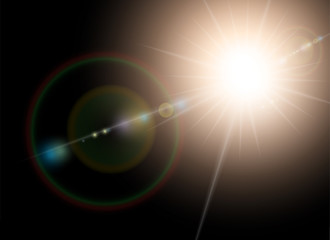 Vector sunlight special lens flare light effect. Sun flash shining with rays and spotlight. Flares and gleams rounded and hexagonal shapes.