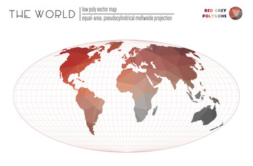Polygonal map of the world. Equal-area, pseudocylindrical Mollweide projection of the world. Red Grey colored polygons. Stylish vector illustration.