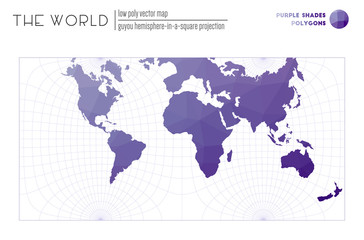 Abstract world map. Guyou hemisphere-in-a-square projection of the world. Purple Shades colored polygons. Amazing vector illustration.