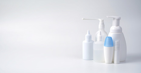 Medical antiseptic and hygienic means, hand sanitizer is used to destroy microbes, bacteria and viruses: gel, antibacterial agent, alcohol solution, medical solution. Composition in light colors.