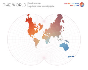 Polygonal map of the world. August's epicycloidal conformal projection of the world. Red Yellow Blue colored polygons. Awesome vector illustration.