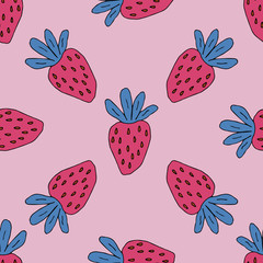 Cartoon doddle strawberry seamless pattern. Summer fruit background. Infinity berry card. Vector illustration. 