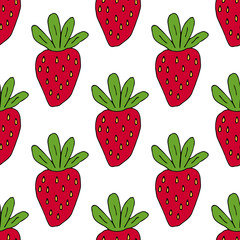 Cartoon doddle strawberry seamless pattern. Summer fruit background. Infinity berry card. Vector illustration. 