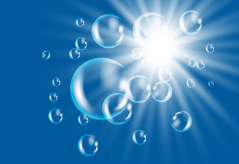 Realistic white water bubbles with reflection on transparent background. Vector illustration
