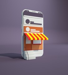 Online shopping. Smartphone turned into internet shop. Concept of mobile marketing and e-commerce. Isometric supermarket smartphone. 3d rendering