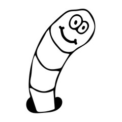 Cartoon linear doodle retro happy worm crawling out of a hole isolated on white background. Vector illustration.  