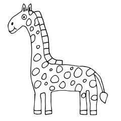 Cartoon doodle linear giraffe isolated on white background. Childlike style. Vector illustration 