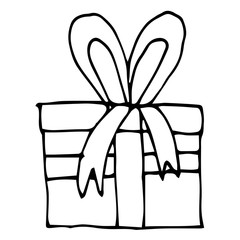 Doodle icon of gift with ribbons and bow isolated on white background. Colorful wrapped gift. Vector  illustration. 