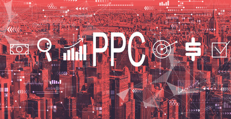 PPC - Pay per click concept with the New York City skyline